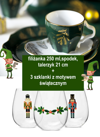 Lubiana komplet śniadaniowy ZŁOTY LAS i 3 szklanki świąteczne